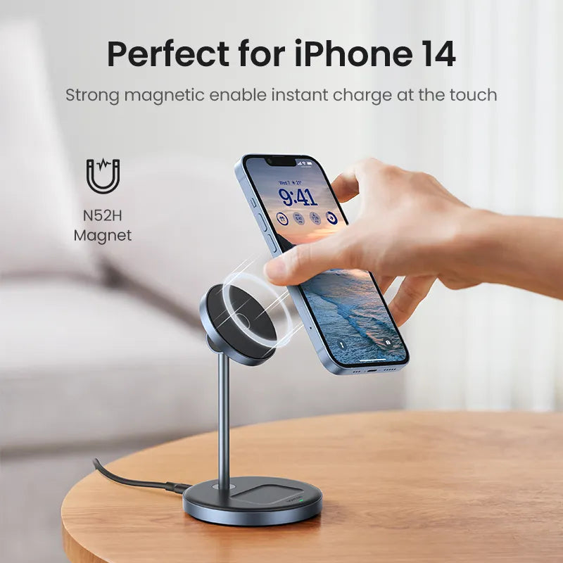 UGREEN Supporto di ricarica magnetico senza fili 20W Max Supporto di ricarica 2 in 1 per iPhone 15 14 Pro Max/iPhone 13/AirPods Caricabatterie rapido