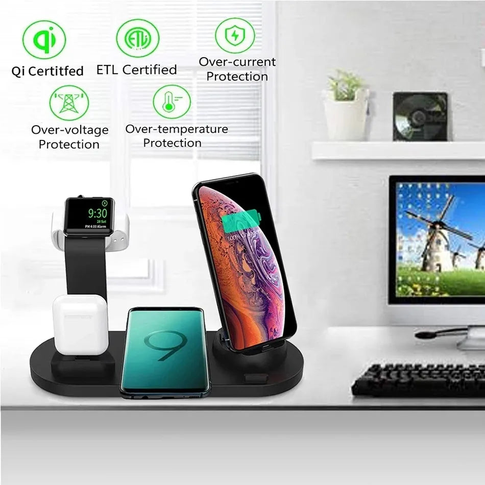 5 in 1 Caricabatterie Senza Fili Supporto Pad per iPhone 15 14 13 12 11 X Apple Watch Airpods Caricabatterie per Telefono da Tavolo Stazione di Ricarica Rapida