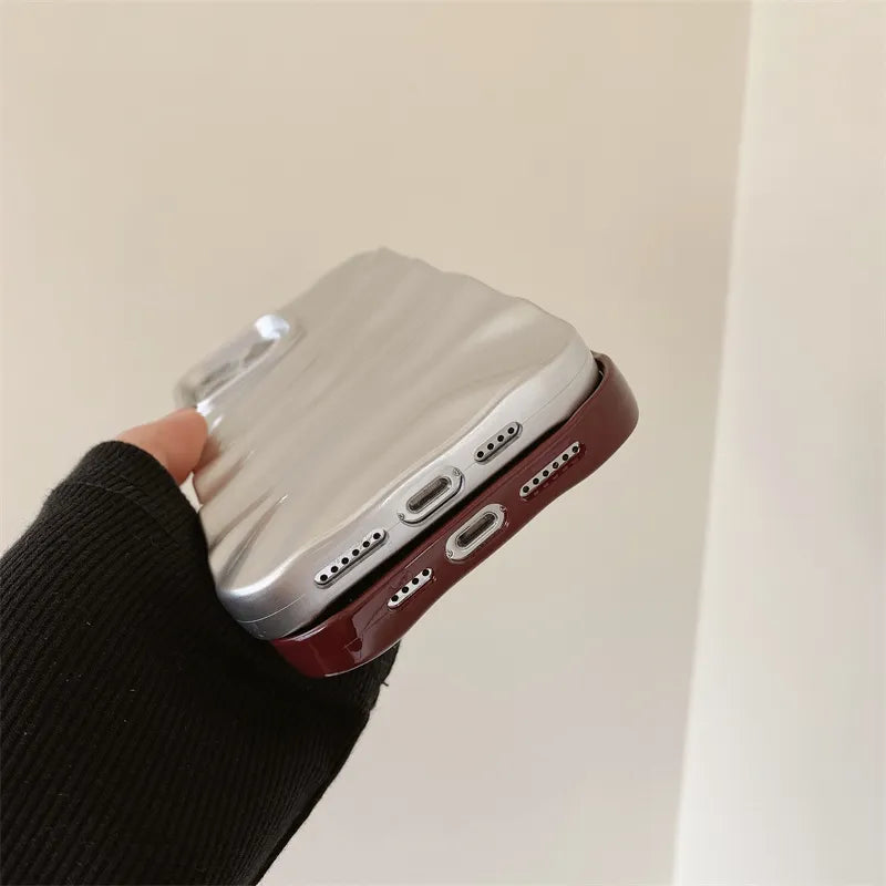 Custodia per telefono di lusso in seta 3D con motivo ondulato per iPhone 14 13 12 11 Pro Max X XR XS Max 7 8 14 Plus, tinta unita, lucida, con paraurti