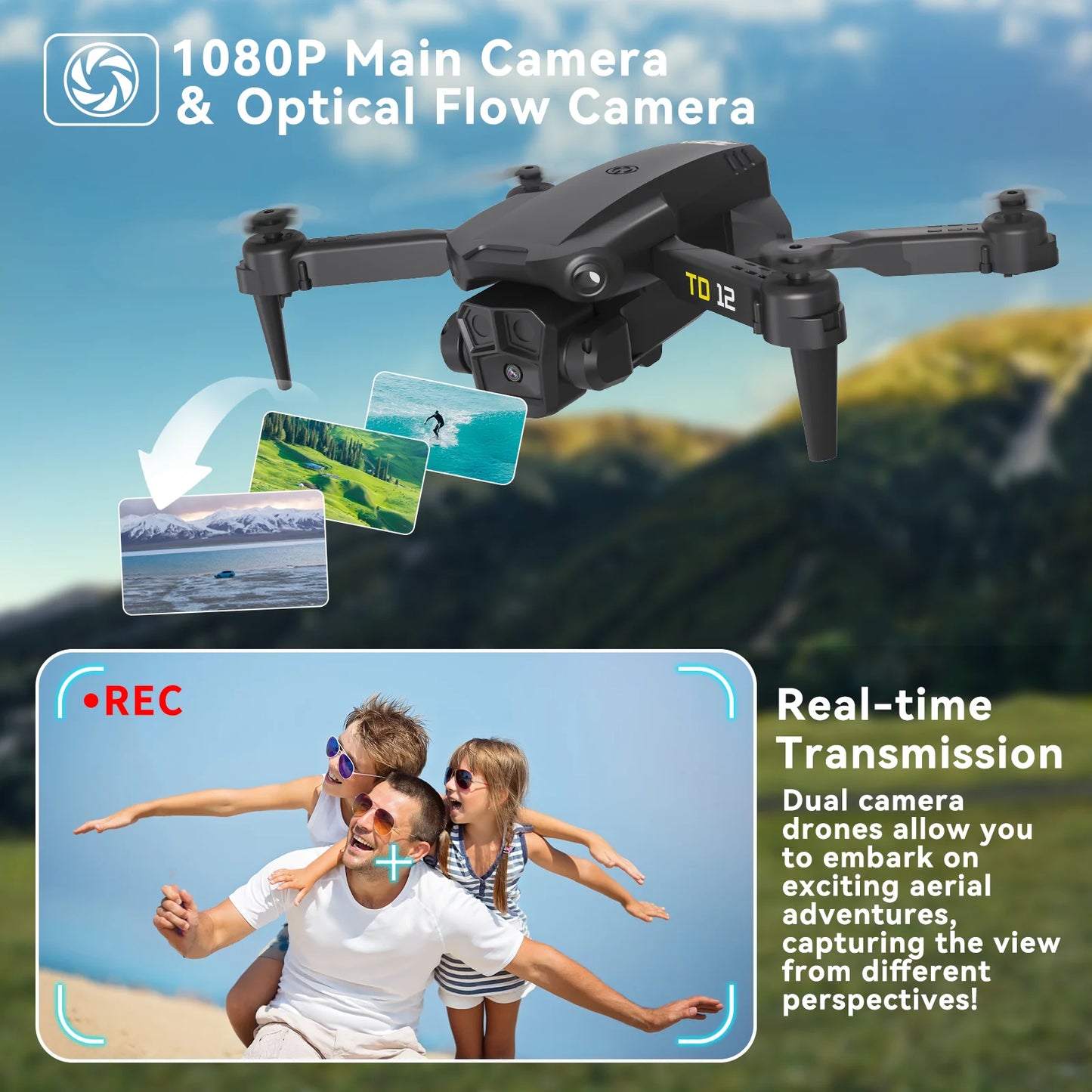 TD12 Drone 90° Adjustment 720p HD Dual Camera Optical Flow Positioning 360° Flip Remoted Control Quadcopter Toys RC Aircraft