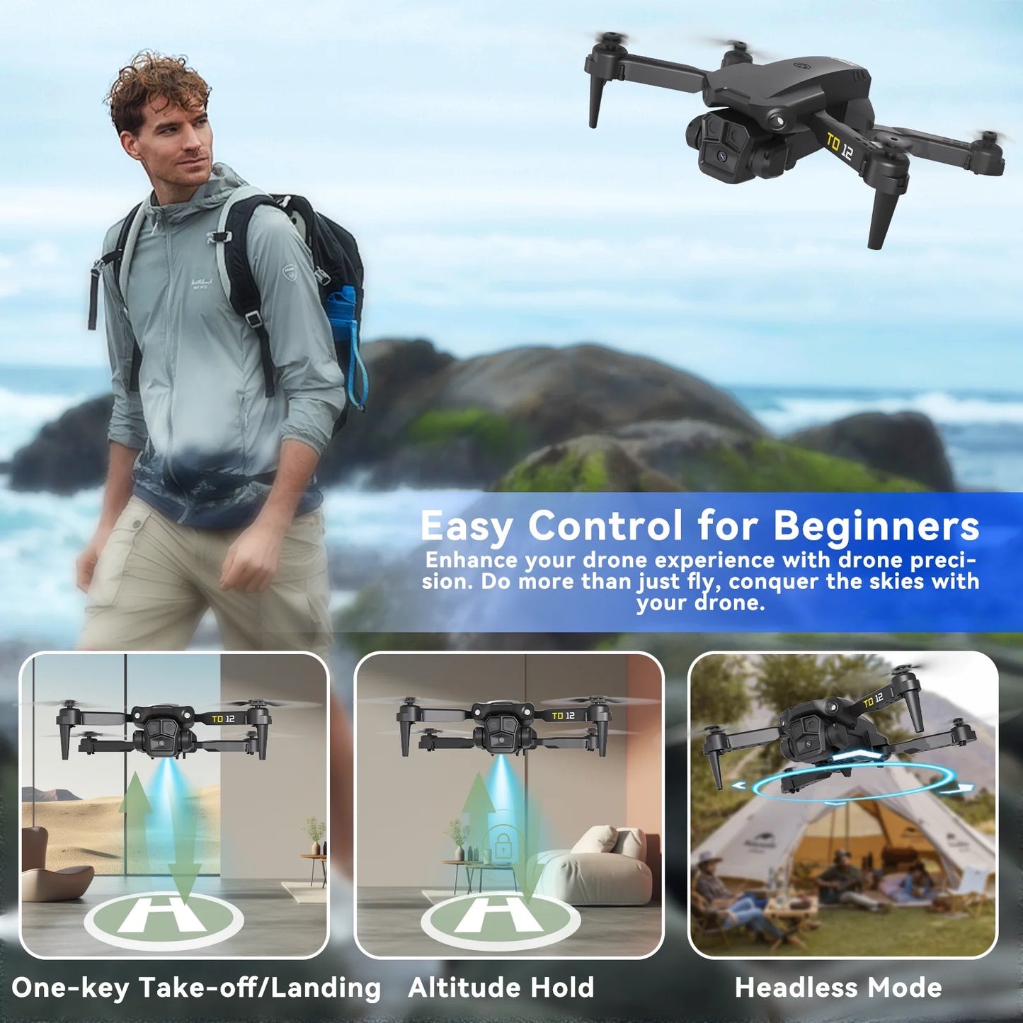 TD12 Drone 90° Adjustment 720p HD Dual Camera Optical Flow Positioning 360° Flip Remoted Control Quadcopter Toys RC Aircraft
