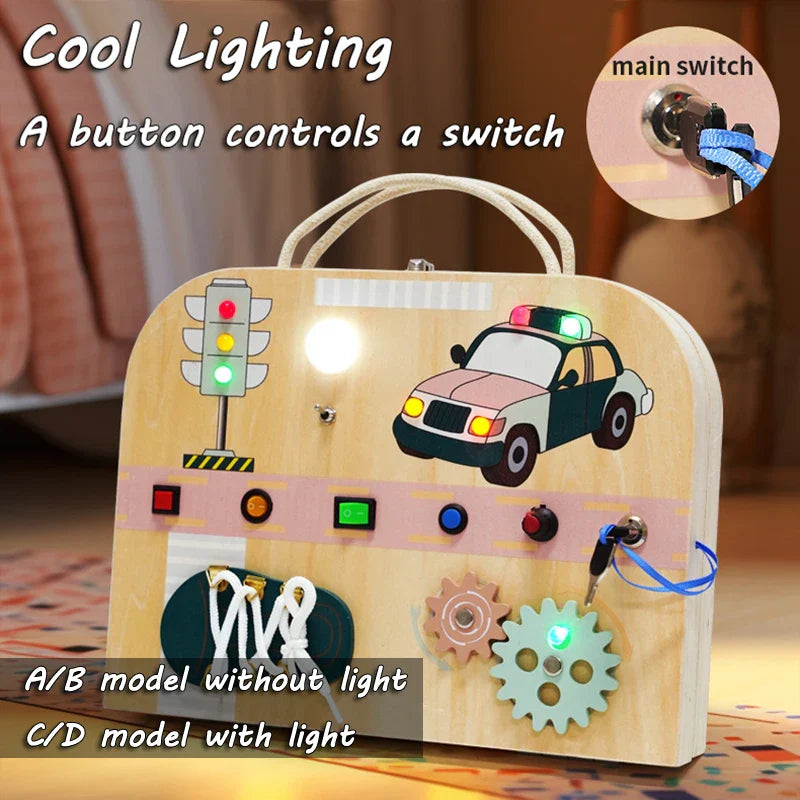 Giocattoli sensoriali Montessori pieghevoli e portatili con interruttore a LED e pannello di attività