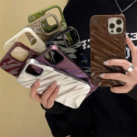 Custodia per telefono di lusso in seta 3D con motivo ondulato per iPhone 14 13 12 11 Pro Max X XR XS Max 7 8 14 Plus, tinta unita, lucida, con paraurti