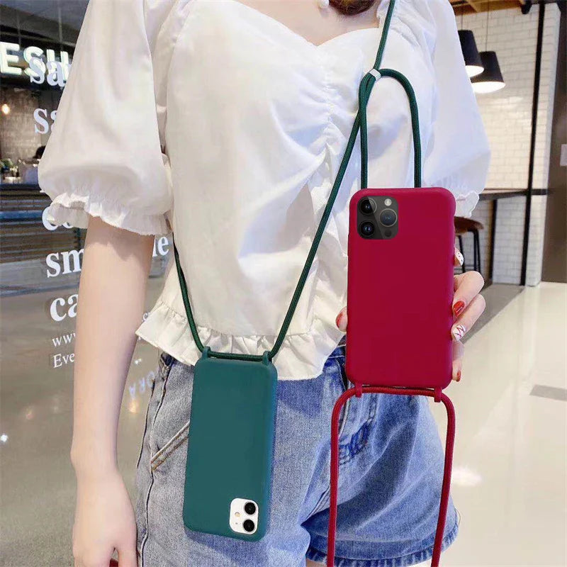Custodia per telefono con cordino e collana a tracolla per iPhone 15 14 Plus 13 12 Mini 11 Pro XS Max XR X Cover posteriore in morbido silicone TPU
