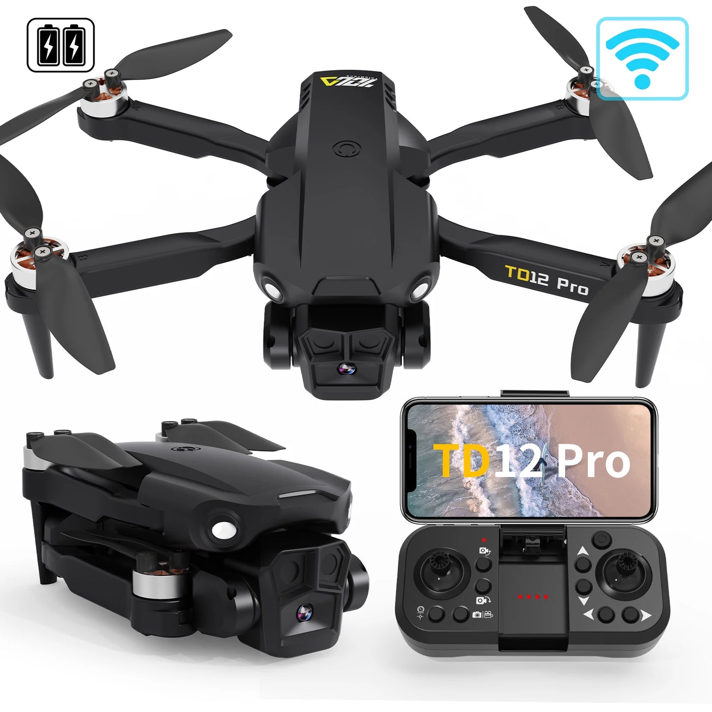 TD12Pro 5GHz WIFI FPV Drone With 1080p HD Camera, 2 Batteries 360° Flip RC Quadcopter Professional Brushless Motor UAV CO