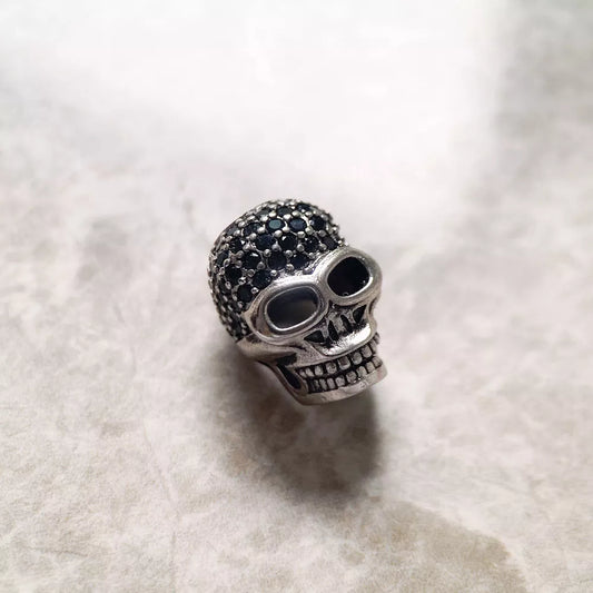 Perlina pavé con teschio grande in argento sterling 925, accessori fai da te, regalo di alta qualità con foro grande, scheletro vintage europeo