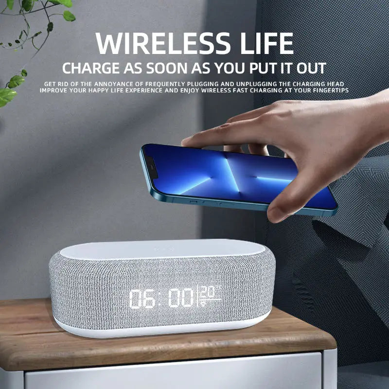 Caricabatterie senza fili con sveglia, luce LED, termometro, auricolari, caricabatterie per telefono, stazione di ricarica rapida da 15 W per iPhone Samsung