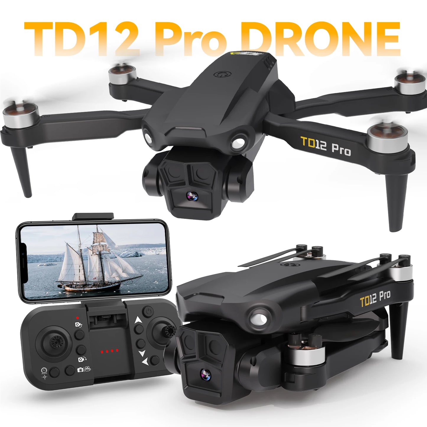 TD12Pro 5GHz WIFI FPV Drone With 1080p HD Camera, 2 Batteries 360° Flip RC Quadcopter Professional Brushless Motor UAV CO
