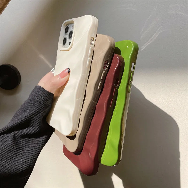 Custodia per telefono di lusso in seta 3D con motivo ondulato per iPhone 14 13 12 11 Pro Max X XR XS Max 7 8 14 Plus, tinta unita, lucida, con paraurti