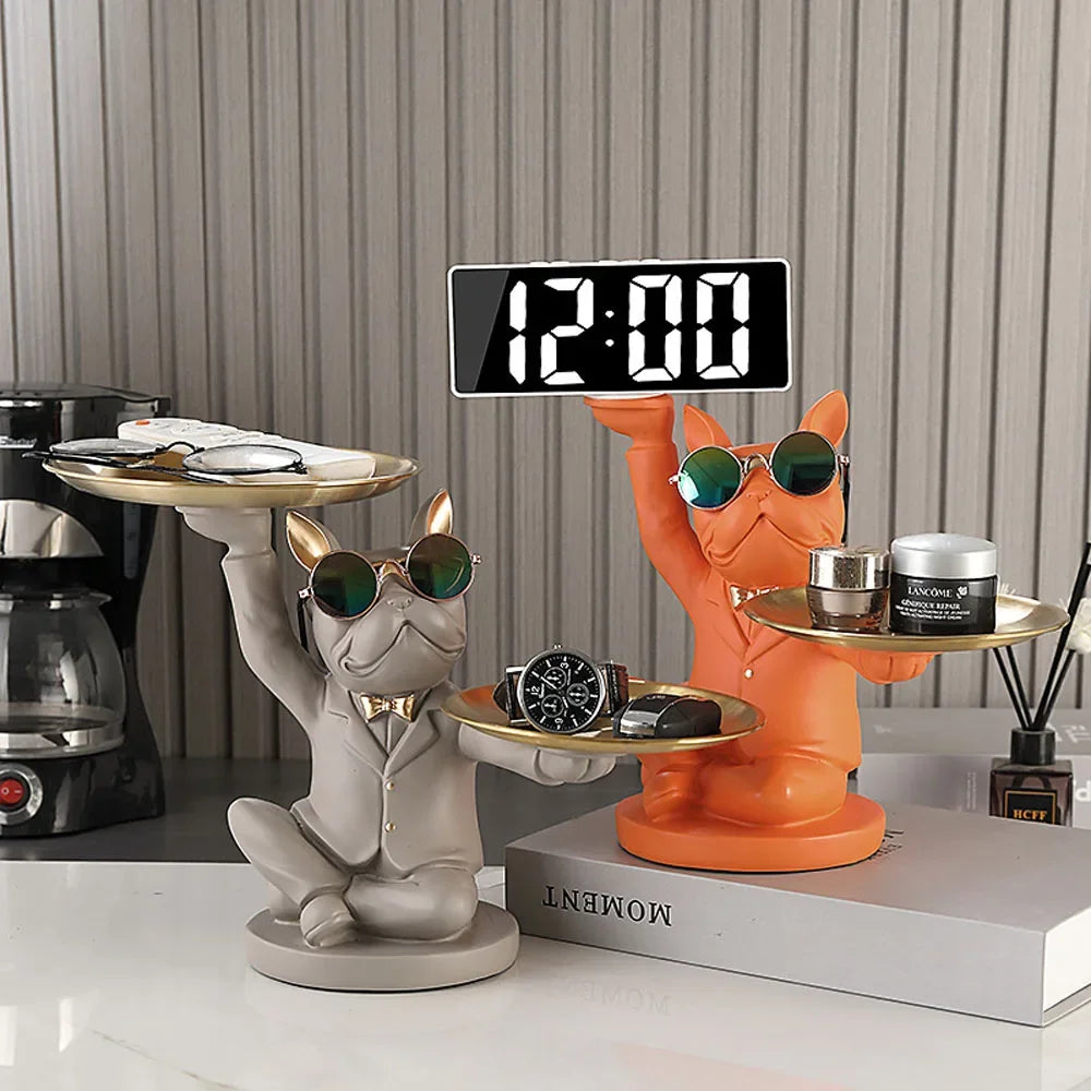 Statua ornamentale di bulldog francese con orologio e scatola portaoggetti