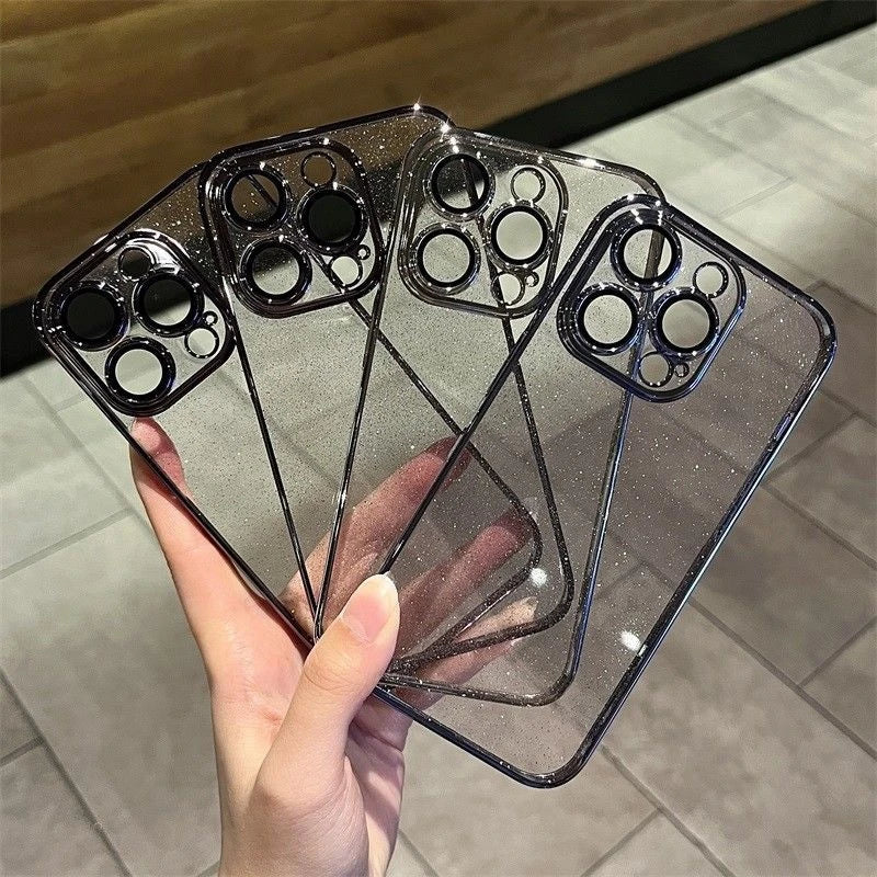 Luxuriöse, galvanisierte Glitzer-Telefonhülle für iPhone 11 15 12 13 14 Pro Max Schutzhülle, transparent, stoßfest