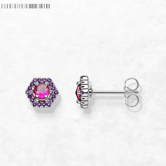 Orecchini a bottone esagonali rossi, gioielli raffinati in stile europeo per donne, regalo fatto a mano in argento sterling 925