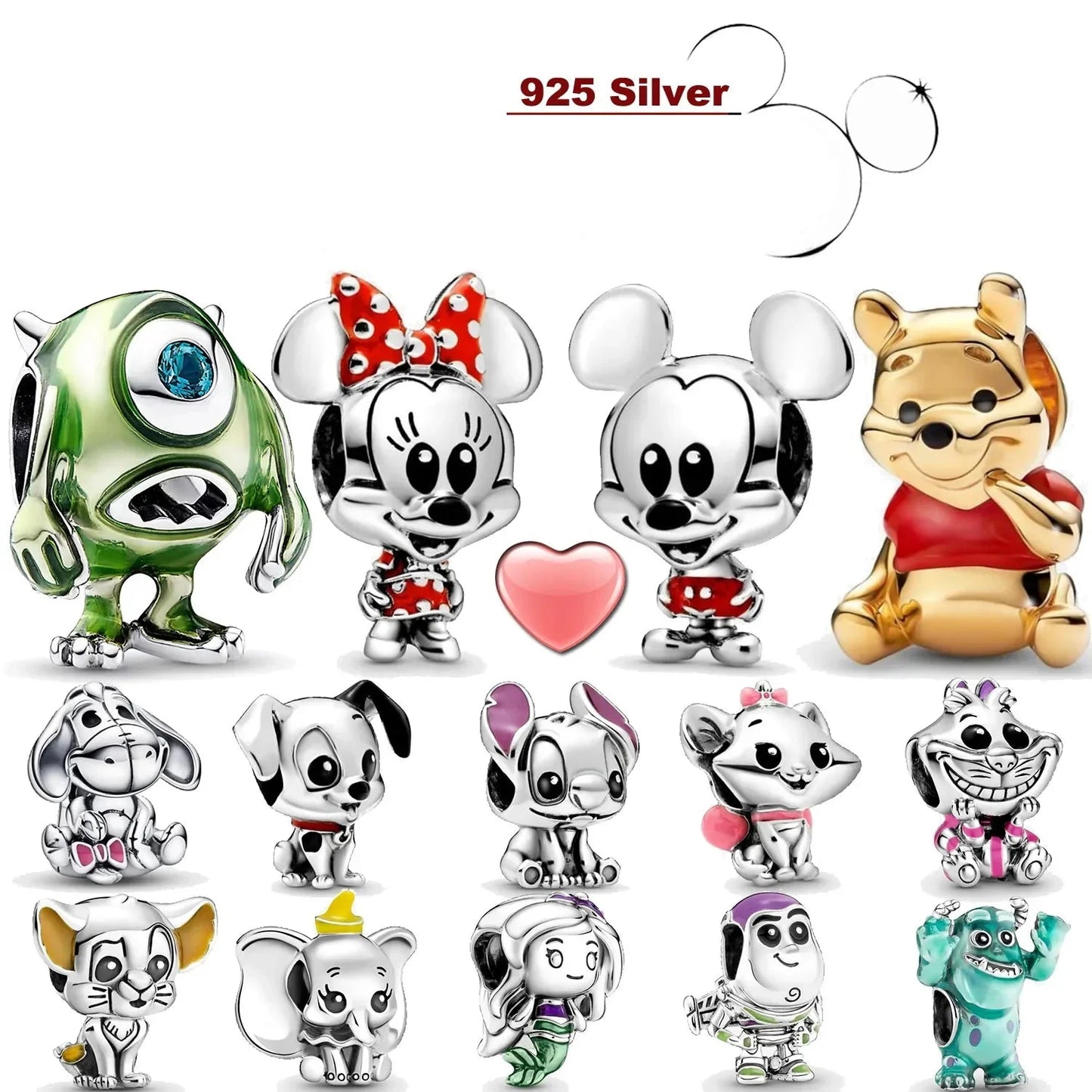 Charms in argento 925 Winnie the Pooh, Dumbo, Monster e altri personaggi adatti al bracciale Pandora