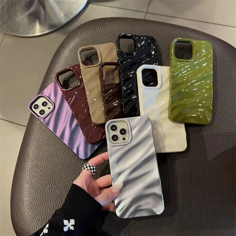 Custodia per telefono di lusso in seta 3D con motivo ondulato per iPhone 14 13 12 11 Pro Max X XR XS Max 7 8 14 Plus, tinta unita, lucida, con paraurti