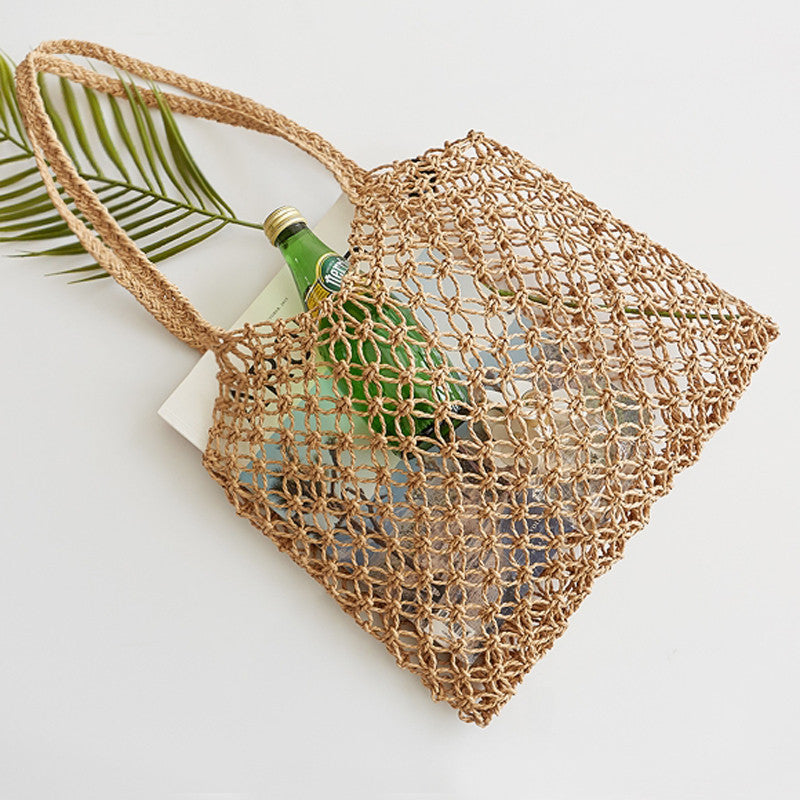 Borsa da spiaggia intrecciata a mano, senza fodera, con chiusura a moneta in rame