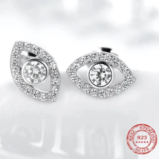 Orecchini a bottone portafortuna in argento sterling 925 con zirconi cubici trasparenti