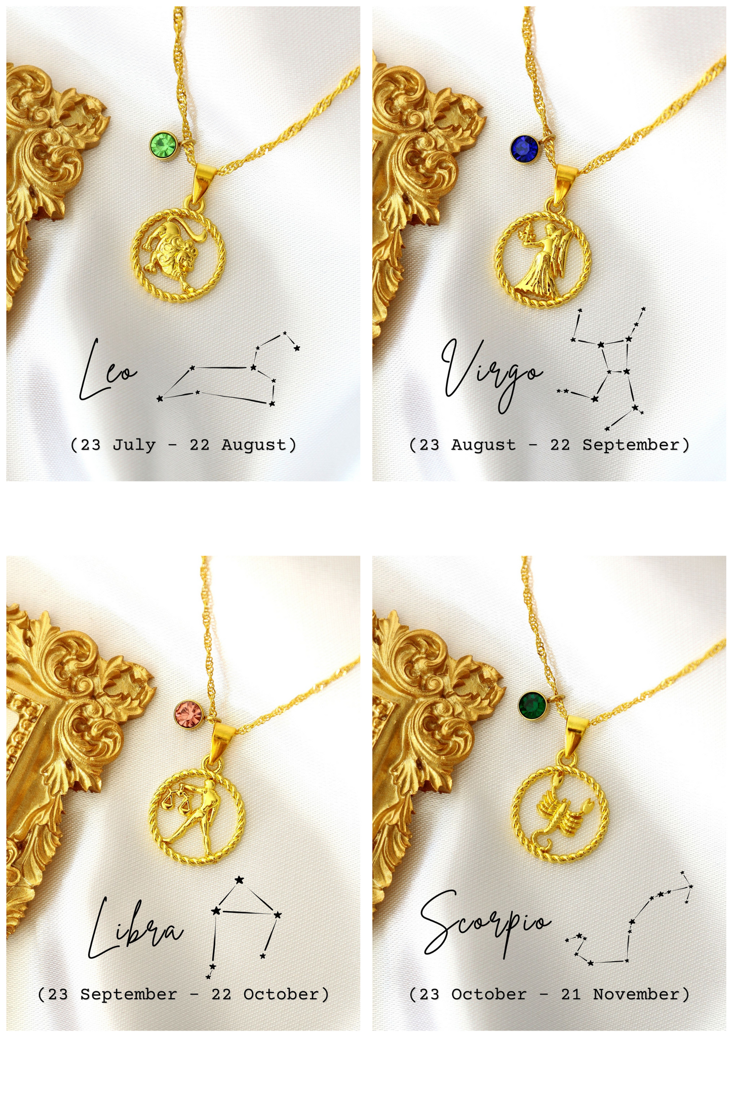 Collana con segno zodiacale e pietra portafortuna in oro 18 carati