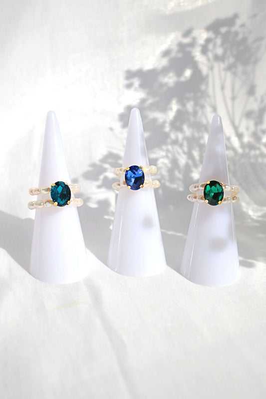 Anelli con perle d'acqua dolce in zirconia cubica blu a 3 tonalità