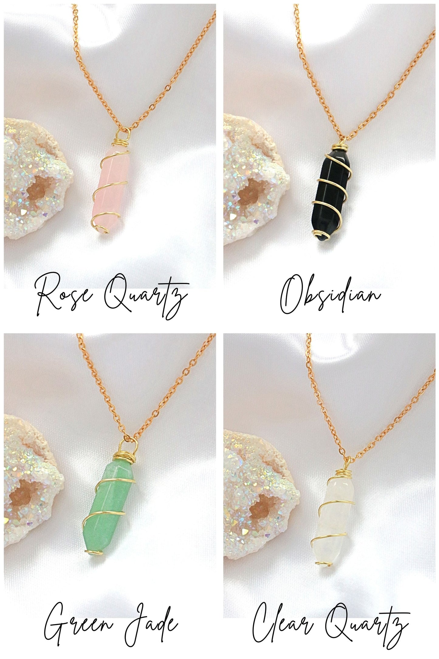 Collana con cristalli curativi naturali a doppia estremità in oro 18 carati, realizzata a mano