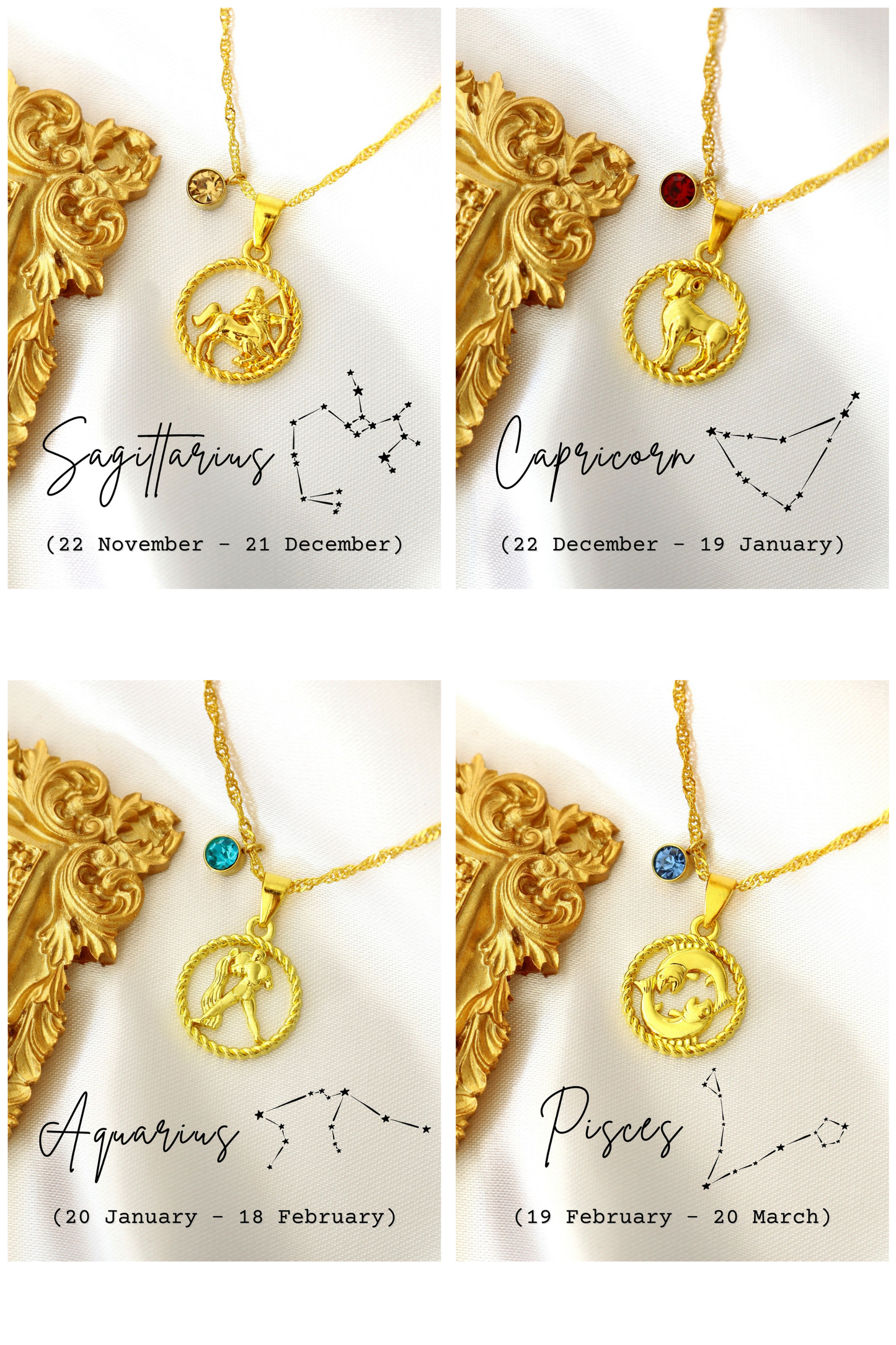 Collana con segno zodiacale e pietra portafortuna in oro 18 carati
