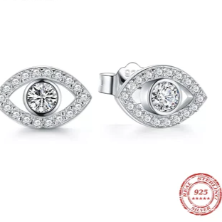 925 Sterling Silver Cubic Zirconia Clear Eyes Lucky Stud Earrings