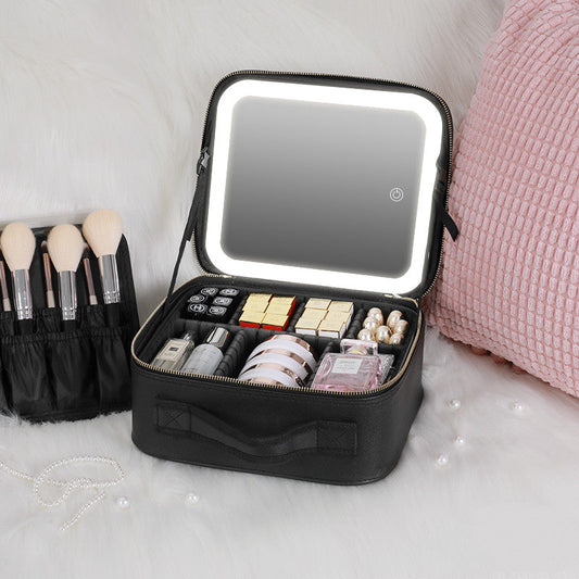 Smart LED Kosmetiktasche mit Spiegel Kosmetiktasche Große Kapazität Mode Tragbare Aufbewahrungstasche Reise Make-up Taschen