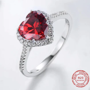 Anello in argento sterling 925 con cuore rosso e zirconi cubici 5A