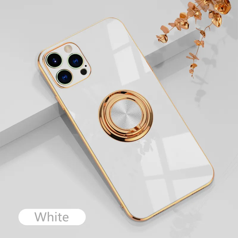 Luxury Plating Silicone Case For iPhone 15 14 13 12 11 Pro Xs Max Mini SE X XR 7 8 Plus Metal Ring Holder Stand Soft Phone Cover