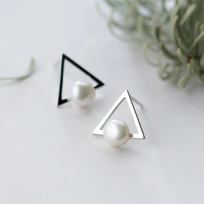 925 Sterling Silver Triangle Natural Pearl Stud Earrings for Women