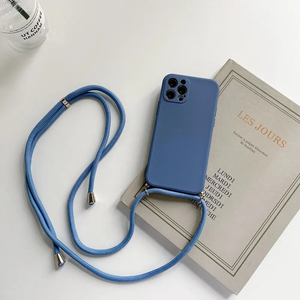 Custodia per telefono in silicone liquido con tracolla, cordino e collana per iPhone 15, 14, 13, 12, MiNi 11 Pro X, XR, XS Max, 7, 8Plus SE