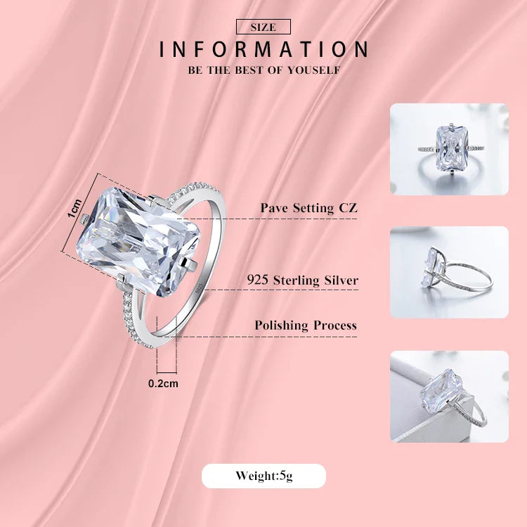 Anelli di lusso in argento sterling 925 con zircone trasparente 5A e forma rettangolare