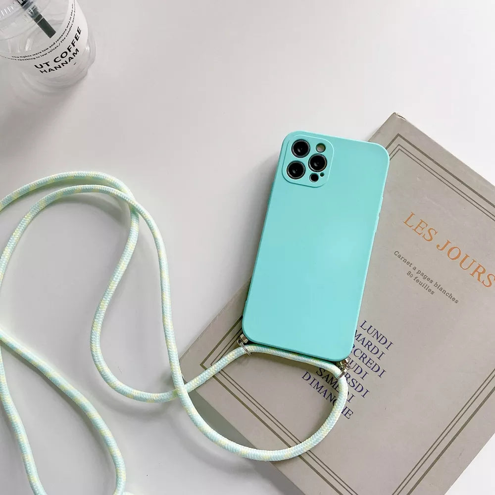 Custodia per telefono in silicone liquido con tracolla, cordino e collana per iPhone 15, 14, 13, 12, MiNi 11 Pro X, XR, XS Max, 7, 8Plus SE