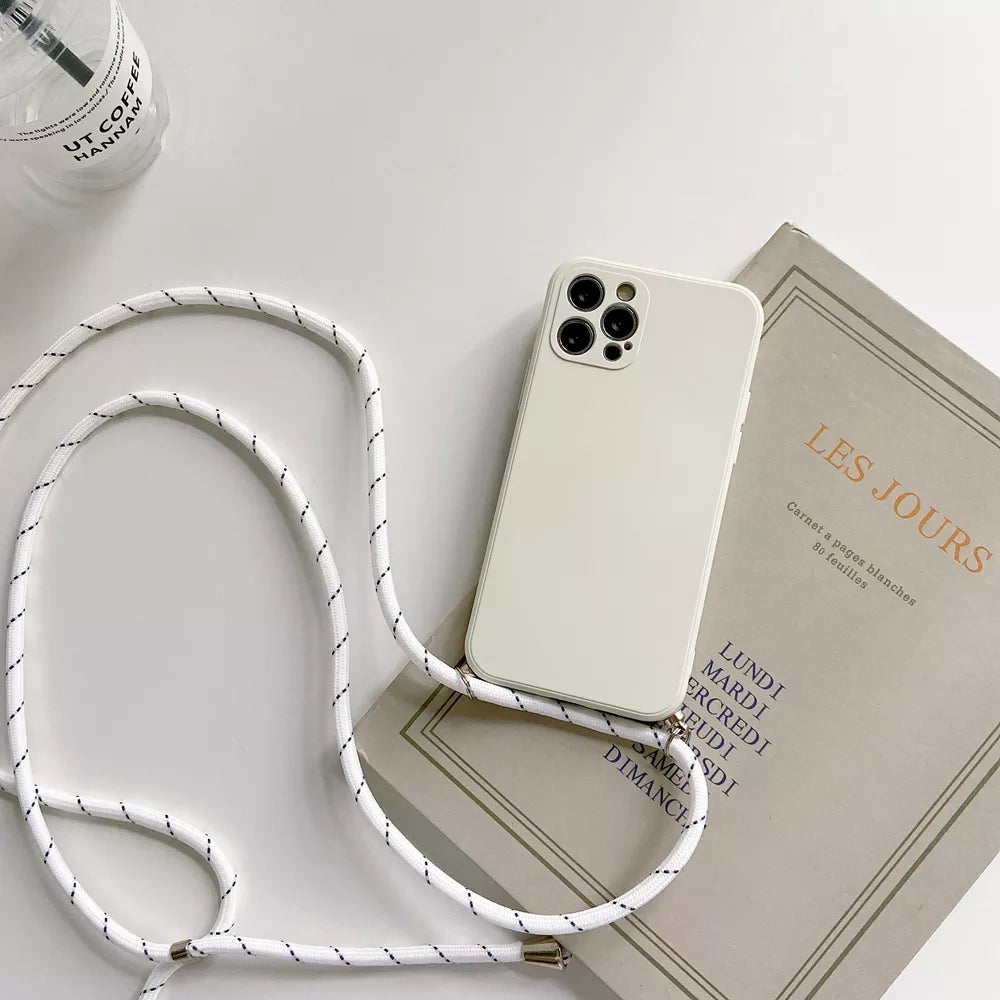 Custodia per telefono in silicone liquido con tracolla, cordino e collana per iPhone 15, 14, 13, 12, MiNi 11 Pro X, XR, XS Max, 7, 8Plus SE