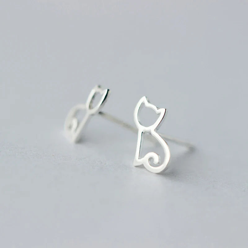 925 Sterling Silver Tiny Cat Animal Stud Earrings For Women