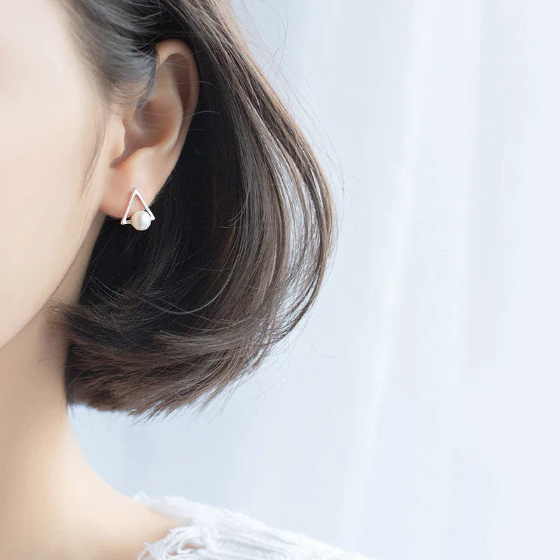 925 Sterling Silver Triangle Natural Pearl Stud Earrings for Women