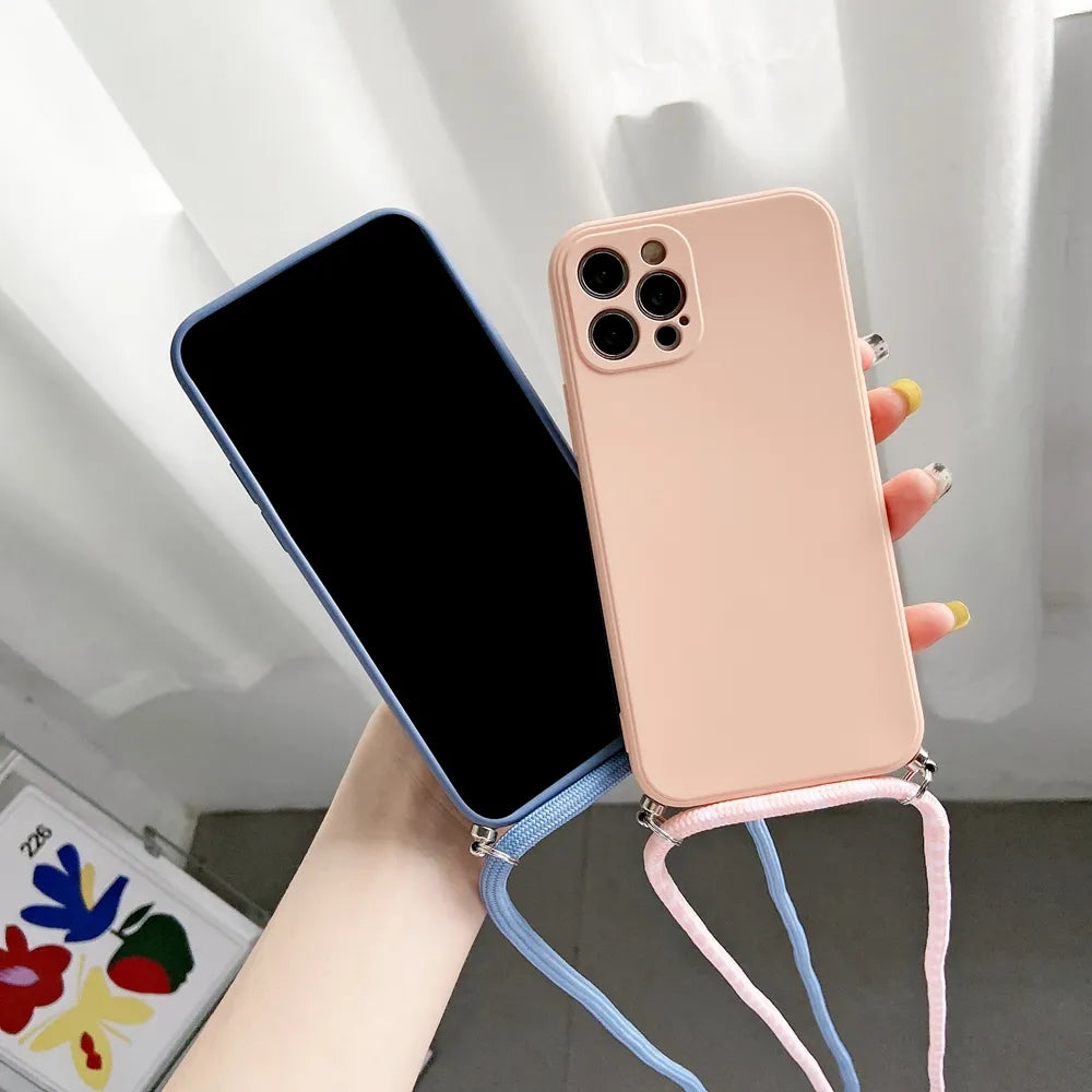 Custodia per telefono in silicone liquido con tracolla, cordino e collana per iPhone 15, 14, 13, 12, MiNi 11 Pro X, XR, XS Max, 7, 8Plus SE