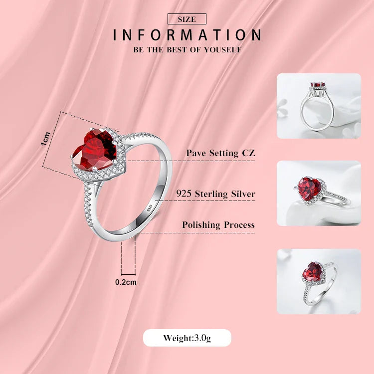 925 Sterling Silber Roter Herzring 5A CZ Zirkonia