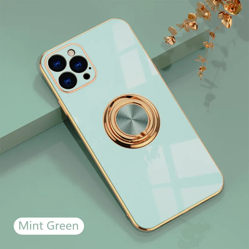 Luxury Plating Silicone Case For iPhone 15 14 13 12 11 Pro Xs Max Mini SE X XR 7 8 Plus Metal Ring Holder Stand Soft Phone Cover