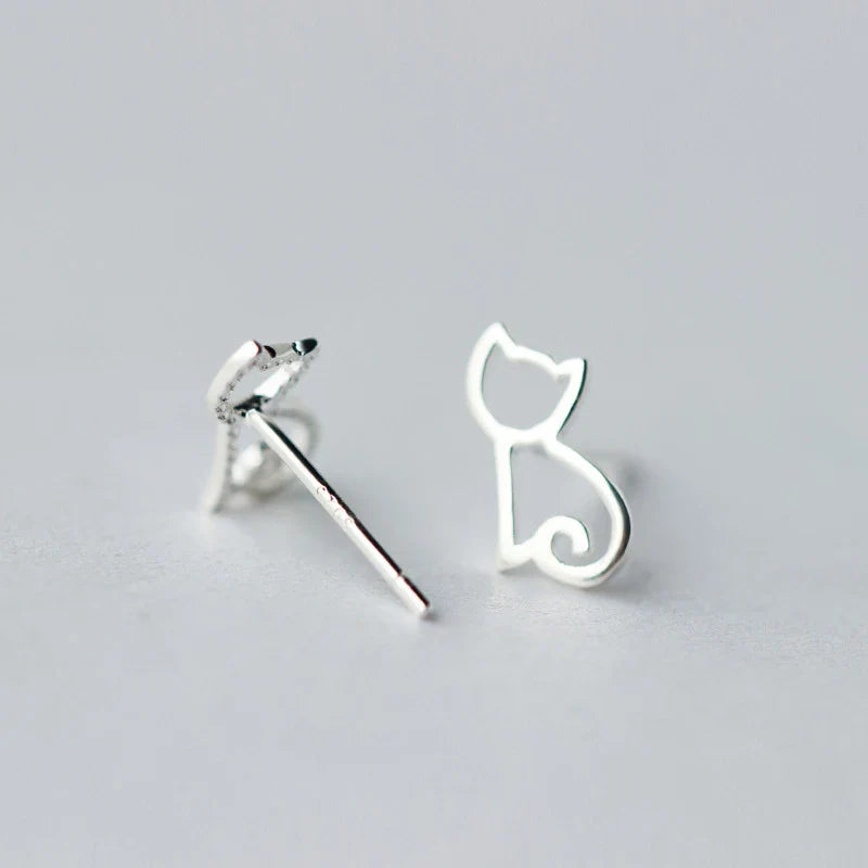925 Sterling Silver Tiny Cat Animal Stud Earrings For Women
