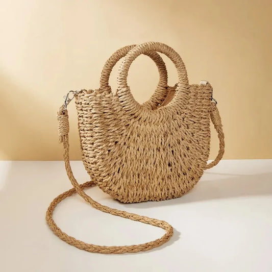 Handgewebte Strohrattan-Halbmond-Handtasche für den Sommerstrand