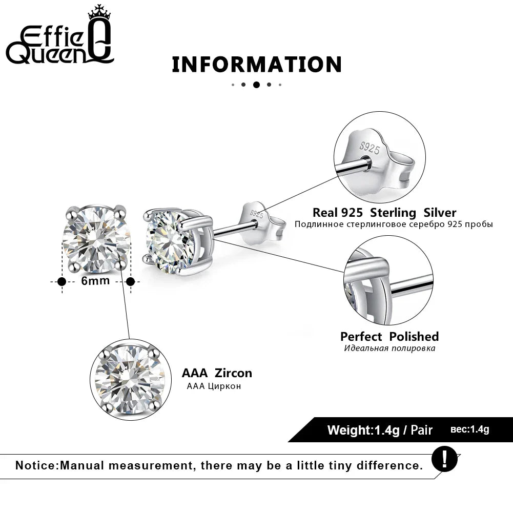 Orecchini Effie Queen in argento sterling 925 con pietra portafortuna per donna, zirconi cubici AAA, 12 colori, orecchini a perno, gioielli alla moda per ragazze BE84
