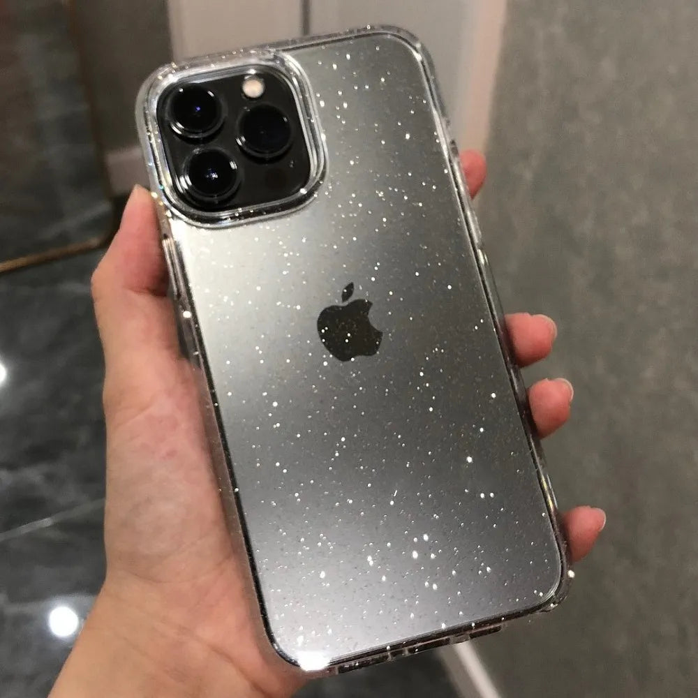 Custodia trasparente di lusso con glitter e brillantini per iPhone 14 Pro Max 15 13 12 11 X XR XS 7 8 Plus SE2022 Mini, custodia morbida trasparente antiurto