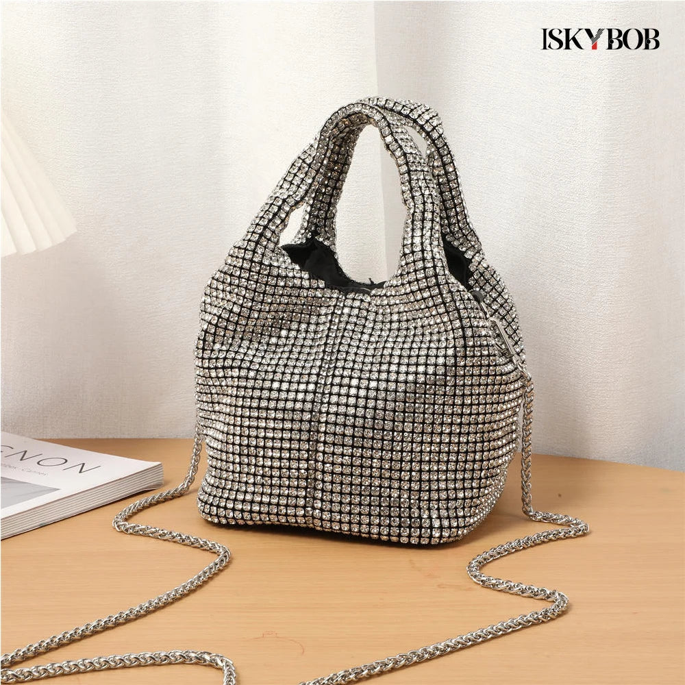 Borsa a tracolla da sera con manico e strass per donna, borsa a mano lucida da sera, per cene, feste e matrimoni, borsa a secchiello da donna, borsa a tracolla