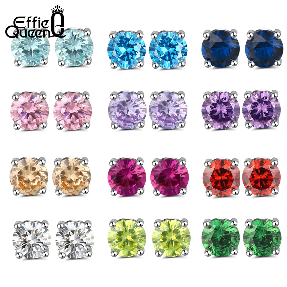 Orecchini Effie Queen in argento sterling 925 con pietra portafortuna per donna, zirconi cubici AAA, 12 colori, orecchini a perno, gioielli alla moda per ragazze BE84