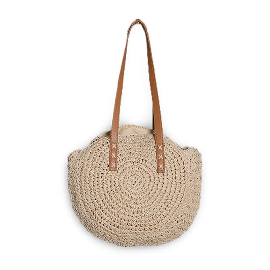 Runde Sommer-Strandtasche aus gehäkeltem Stroh