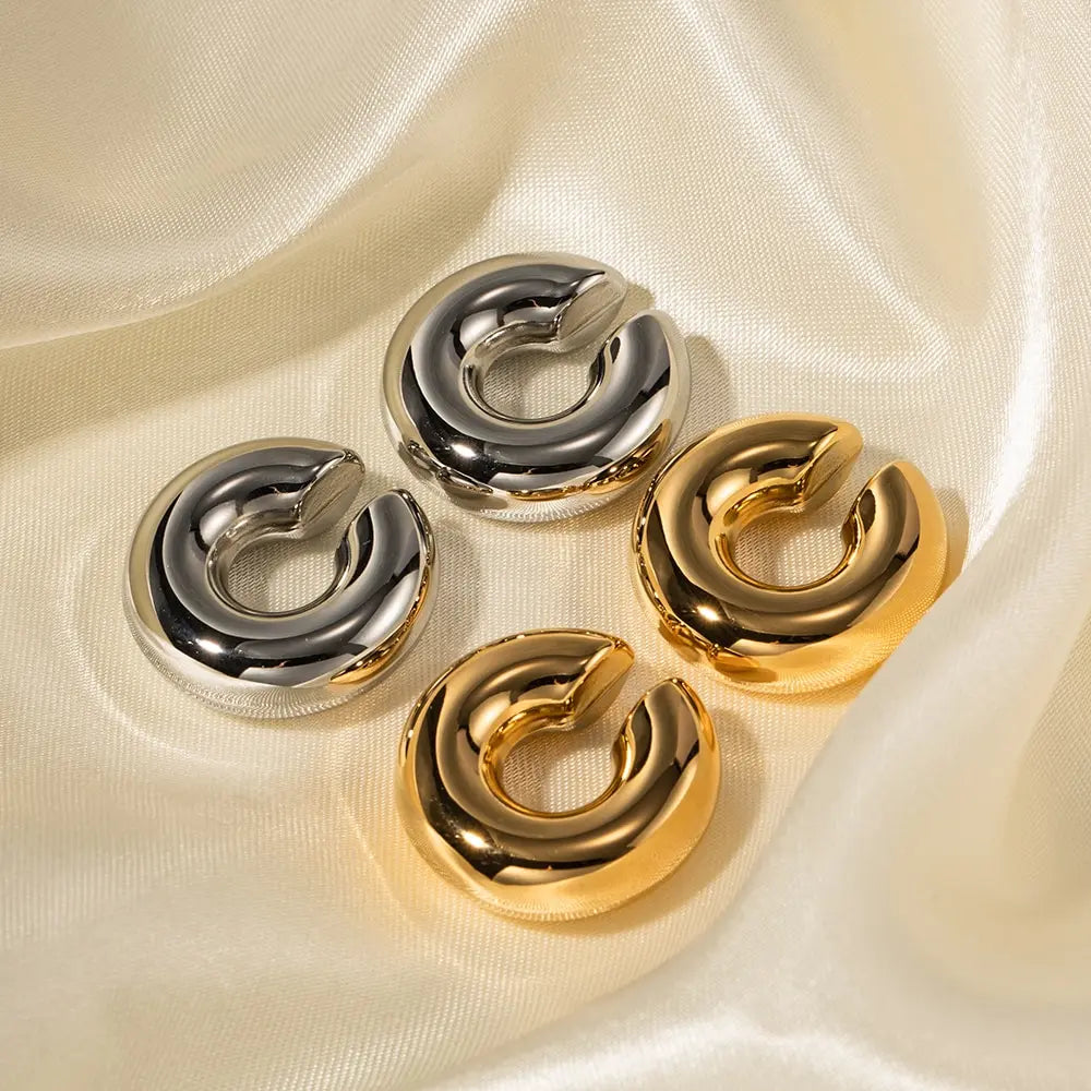Stainless Steel Thick Cylindrical Hollow Ear Clip for Women 18K Gold Plating