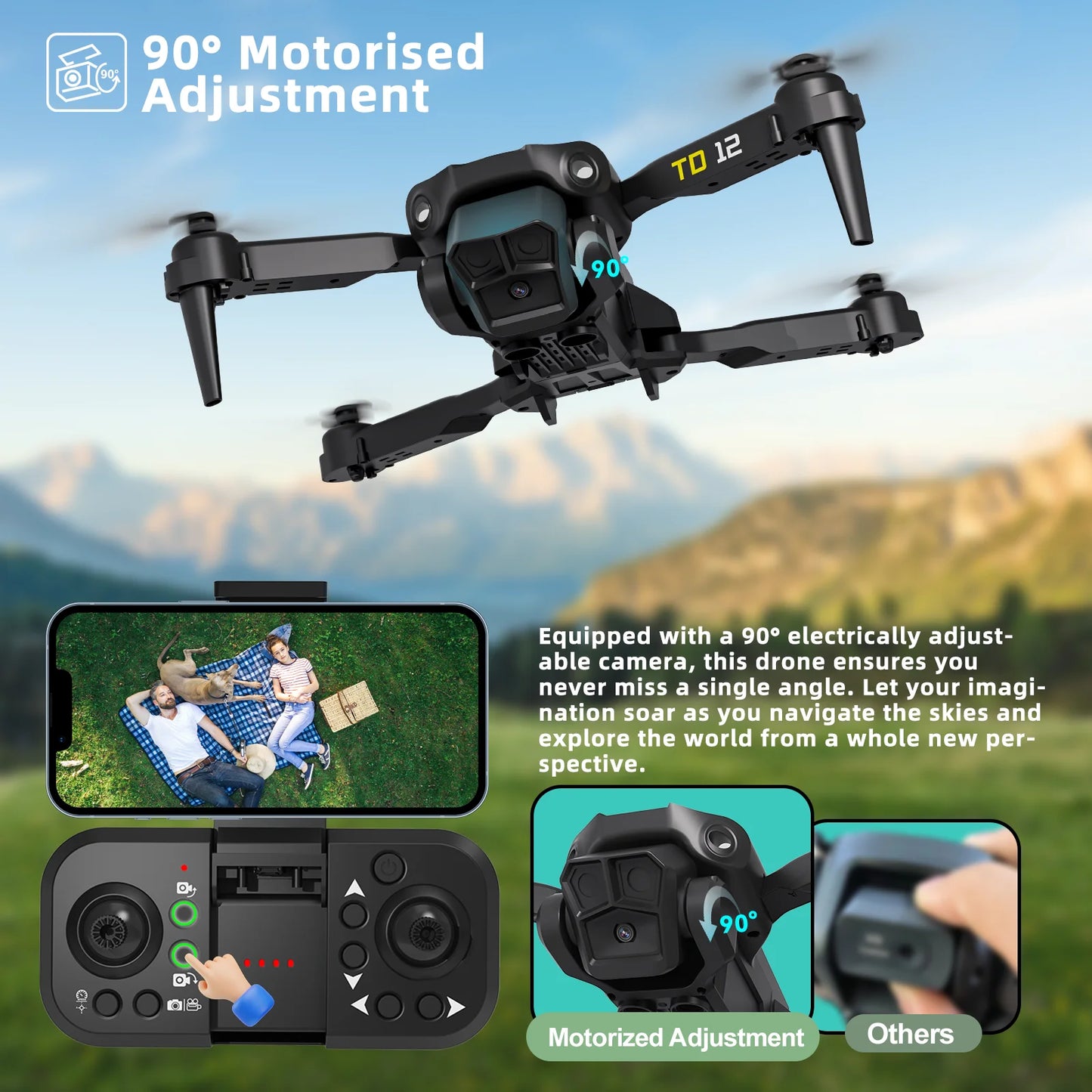 TD12 Drone 90° Adjustment 720p HD Dual Camera Optical Flow Positioning 360° Flip Remoted Control Quadcopter Toys RC Aircraft