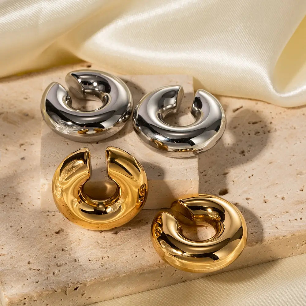 Stainless Steel Thick Cylindrical Hollow Ear Clip for Women 18K Gold Plating