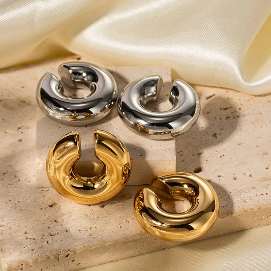 Stainless Steel Thick Cylindrical Hollow Ear Clip for Women 18K Gold Plating