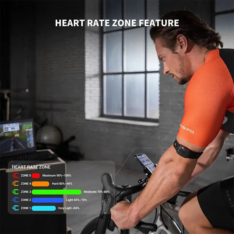 Cardiofrequenzimetro da braccio COOSPO HW9 con zone di frequenza cardiaca/calorie e sensore HRM per il fitness